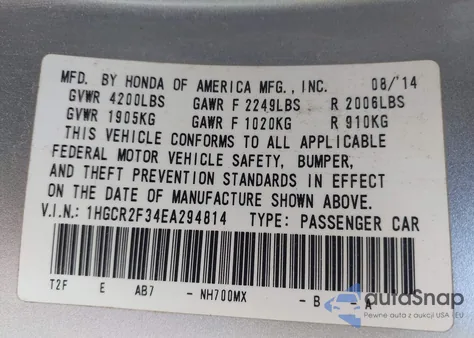 2014 Honda Accord Lx из США, поврежденный, VIN 1HGCR2F34EA294814